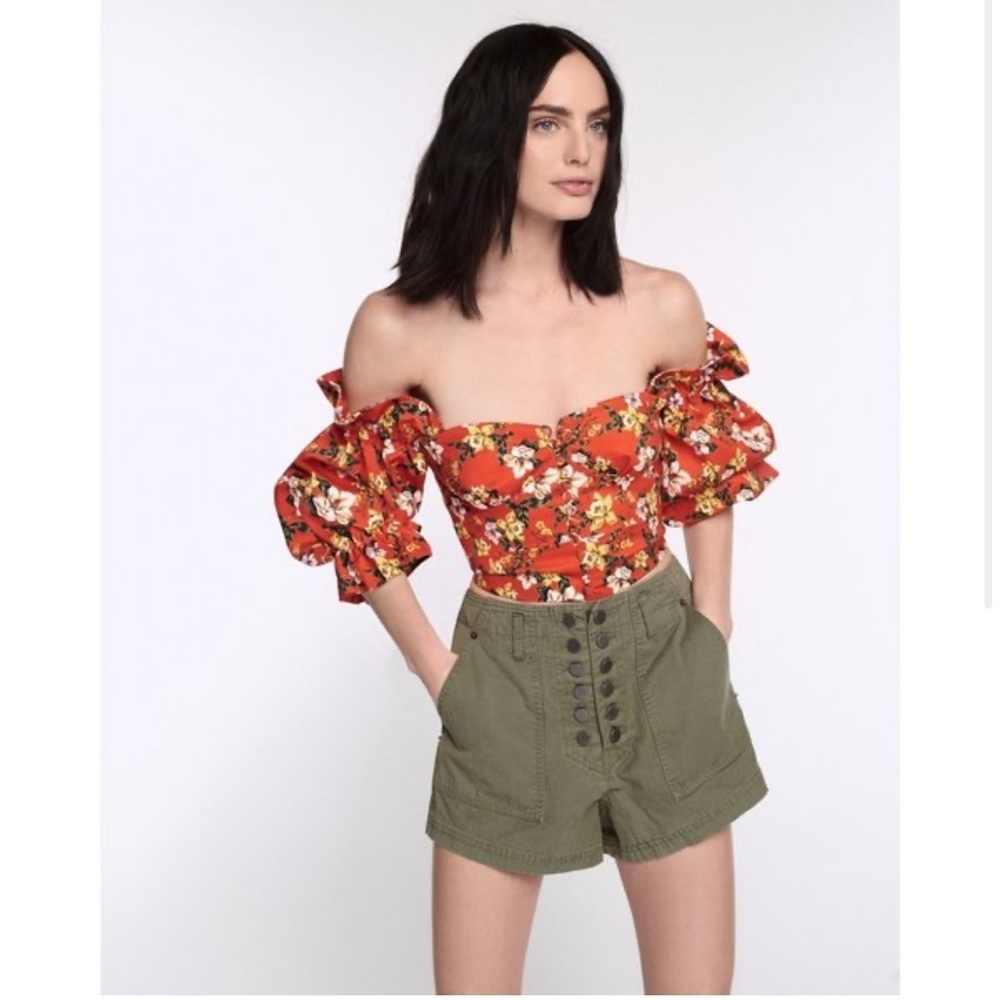 Marissa Webb Kai Floral Print Off The Shoulder Top In Color Magnolia Red Size M